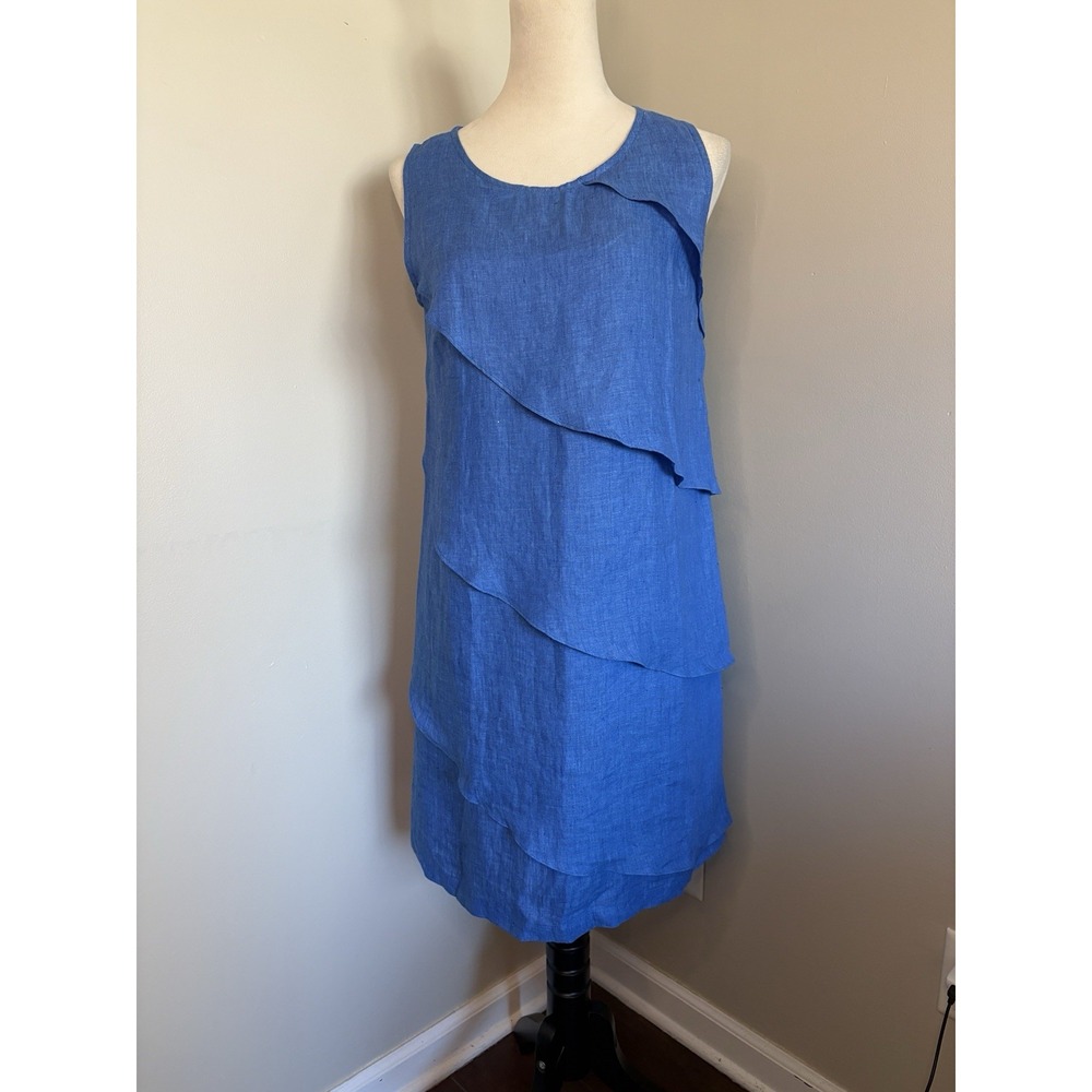Mario Romano 100% Linen Dress Blue Tiered Artsy Lagenlook Made in Italy Small